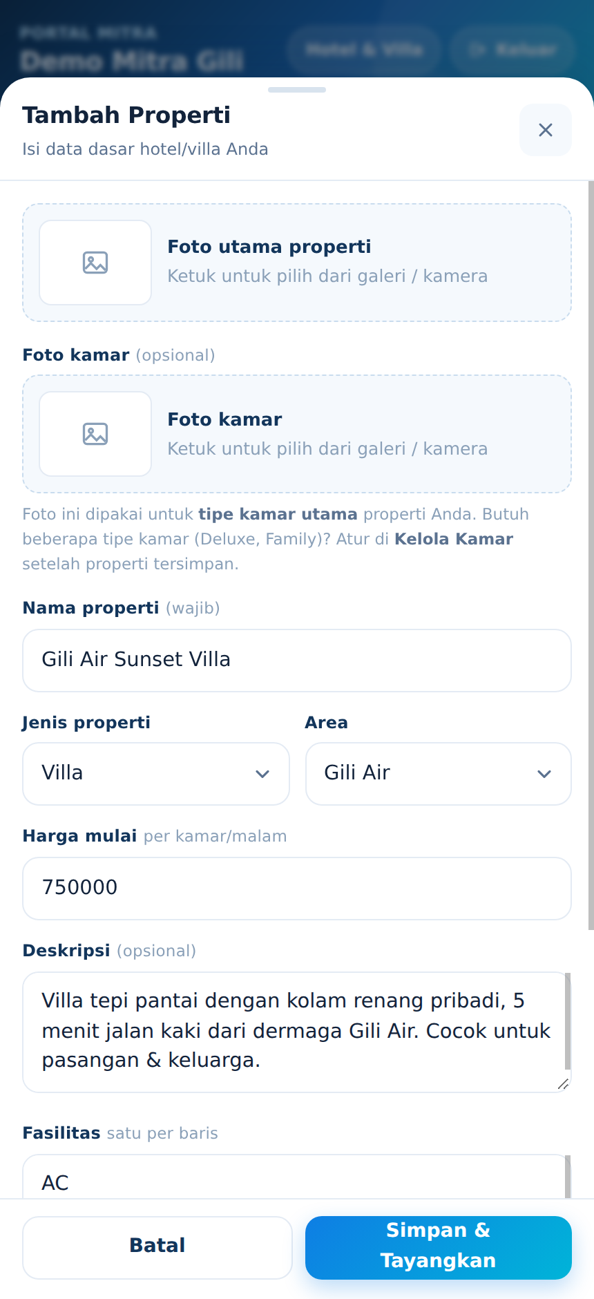 Form hotel/villa bagian atas