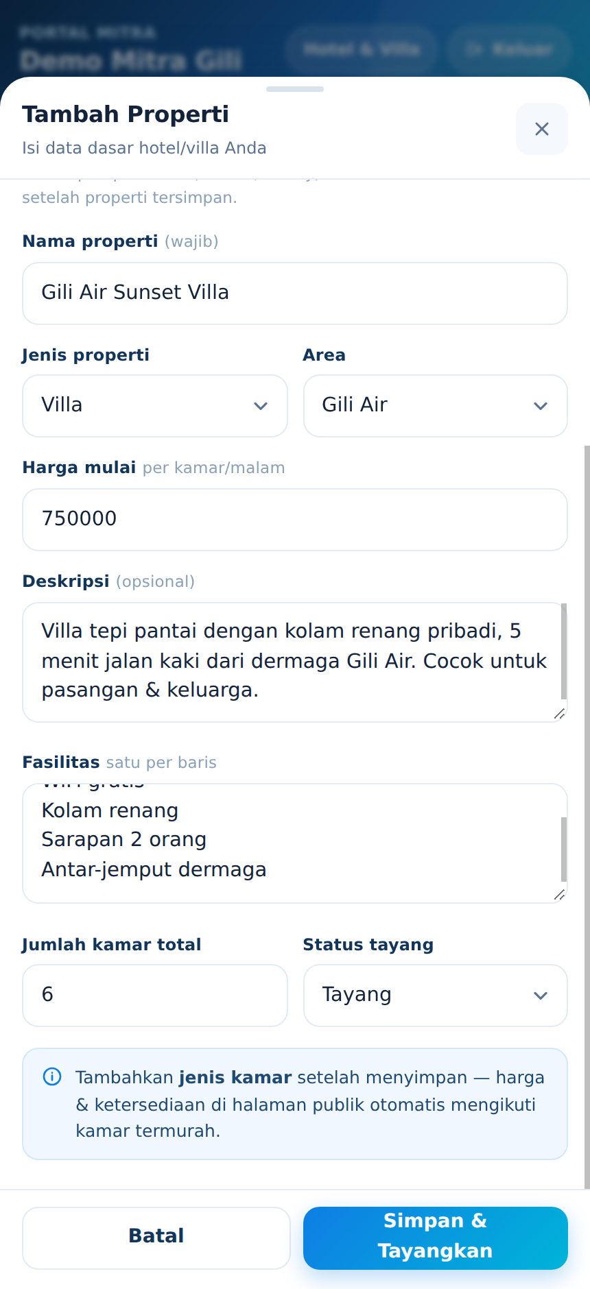 Form hotel/villa bagian bawah